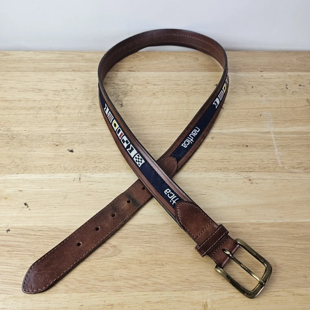 Nautica Belt Mens 40 Nautical Code Flags Embroidered Navy‎ Blue Brown Leather